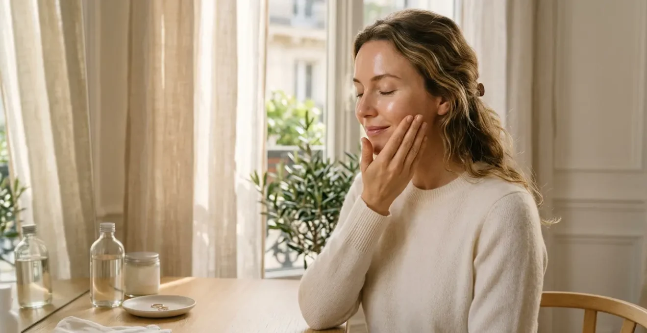 Femme aux traits détendus appliquant un soin visage pour une peau lumineuse et éclatante