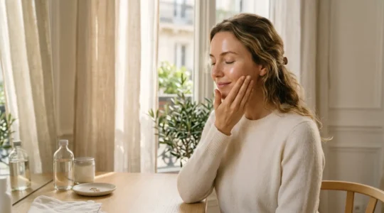 Femme aux traits détendus appliquant un soin visage pour une peau lumineuse et éclatante