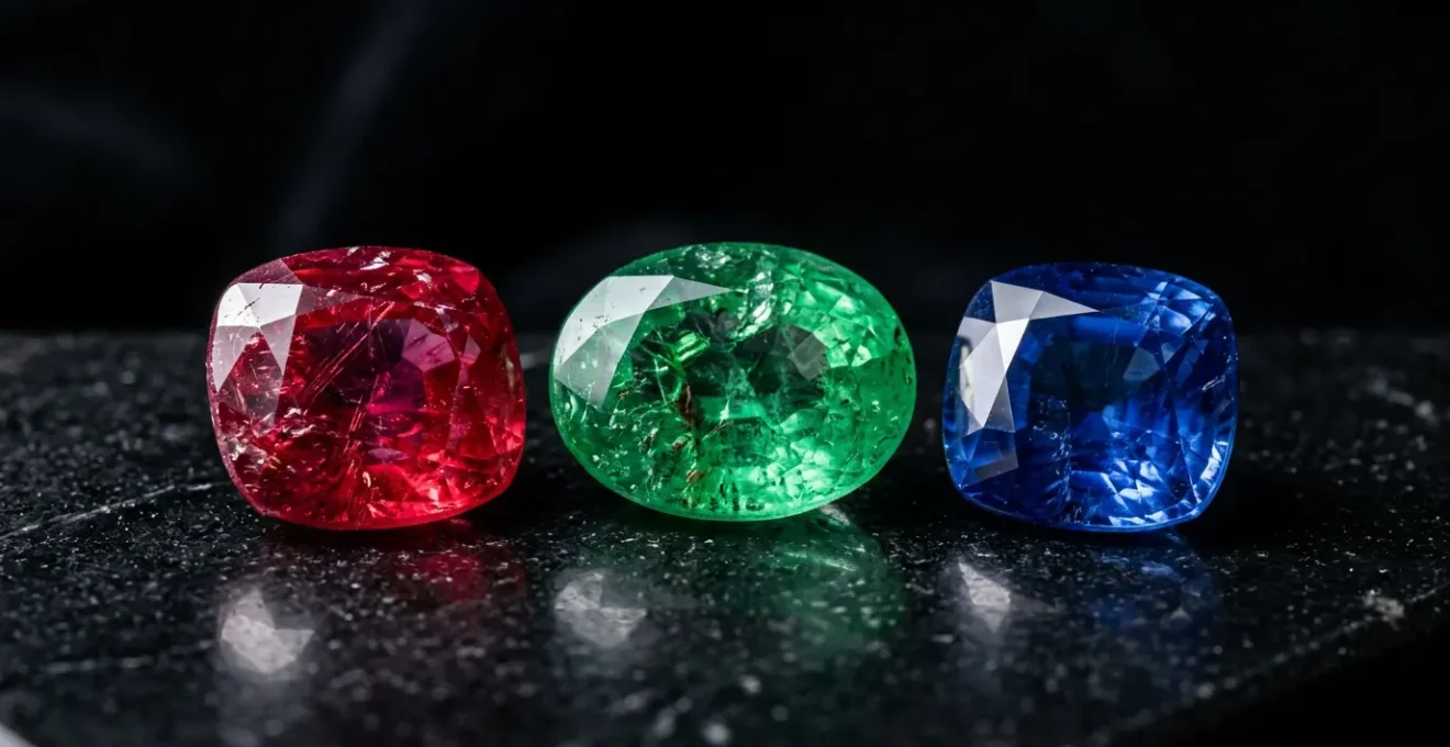 Macro photographique de trois pierres précieuses - rubis, saphir et émeraude - sur surface de marbre noir avec éclairage dramatique