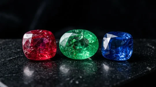 Macro photographique de trois pierres précieuses - rubis, saphir et émeraude - sur surface de marbre noir avec éclairage dramatique