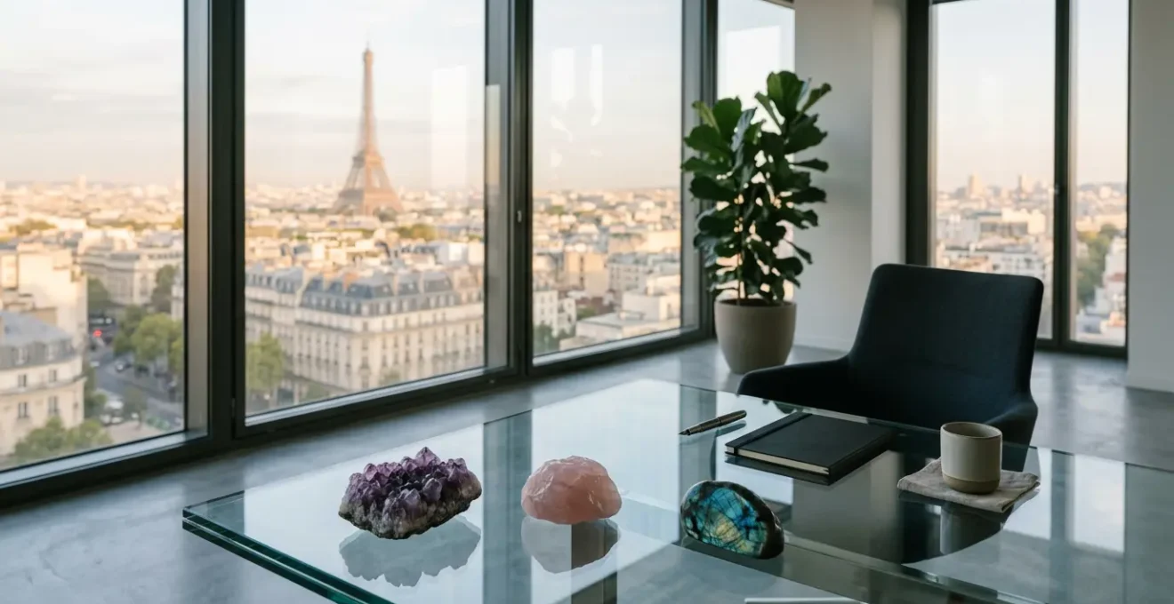 Composition élégante de pierres semi-précieuses dans un environnement de bureau moderne