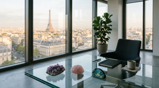 Composition élégante de pierres semi-précieuses dans un environnement de bureau moderne