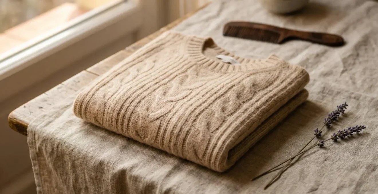 Pull en cachemire beige posé délicatement sur du lin naturel dans une atmosphère douce et lumineuse