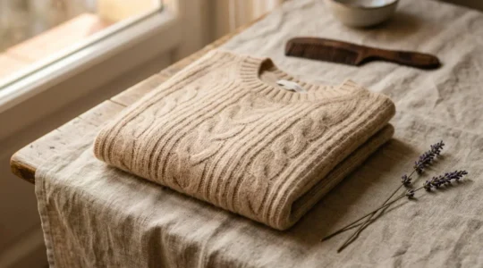 Pull en cachemire beige posé délicatement sur du lin naturel dans une atmosphère douce et lumineuse