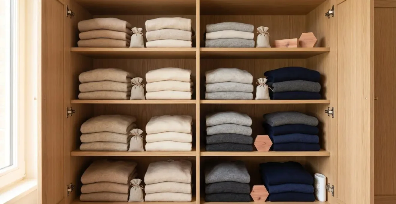 Intérieur d'une armoire française avec pulls cachemire pliés, sachets de lavande et plaquettes de cèdre