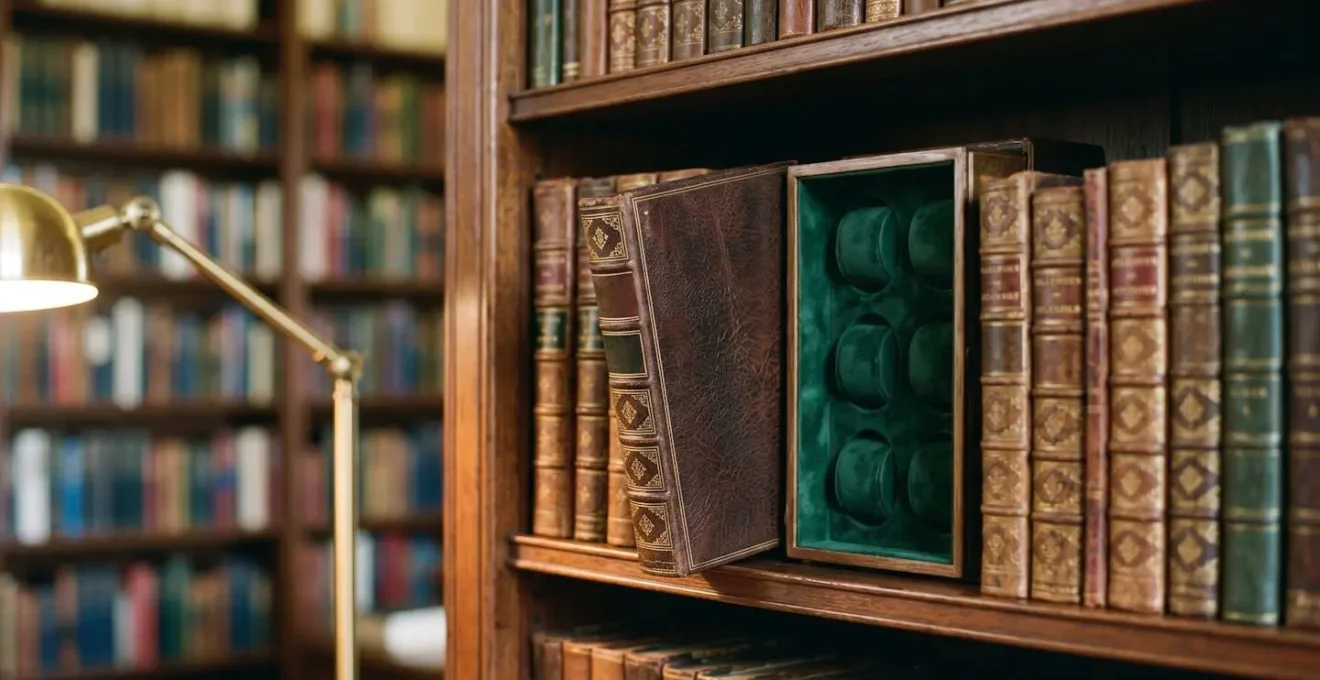 Coffret à montres dissimulé comme faux livre dans une bibliothèque