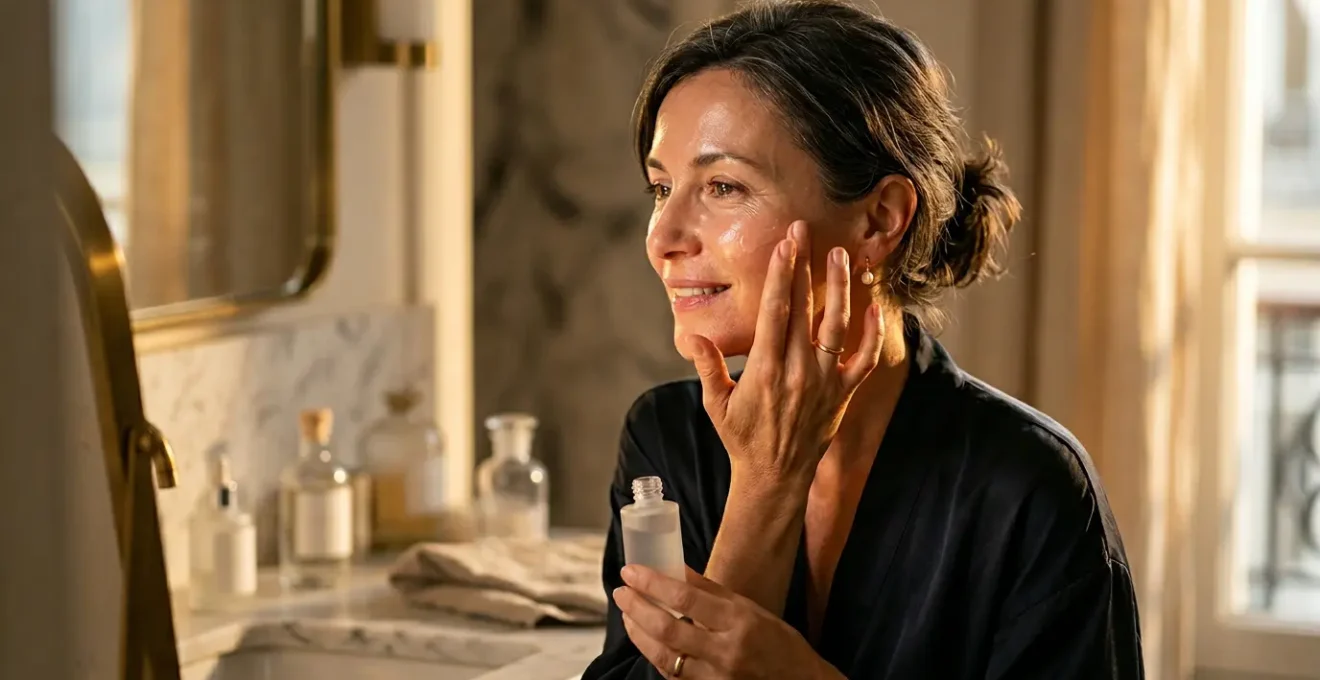 Portrait d'une femme de 45 ans avec une peau éclatante montrant le processus de régénération cellulaire