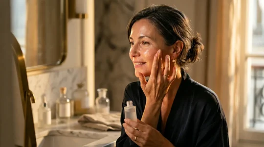 Portrait d'une femme de 45 ans avec une peau éclatante montrant le processus de régénération cellulaire