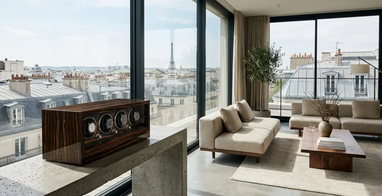 Remontoir en ébène de Macassar dans un intérieur contemporain luxueux avec veinage visible du bois