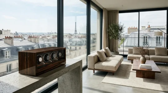 Remontoir en ébène de Macassar dans un intérieur contemporain luxueux avec veinage visible du bois