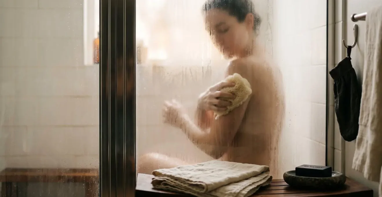 Cabine de douche transformée en espace hammam avec vapeur et accessoires de gommage traditionnels