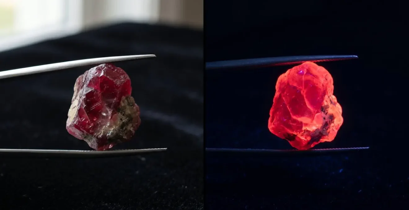 Comparaison d'un rubis birman sous lumière normale et UV montrant la fluorescence rouge