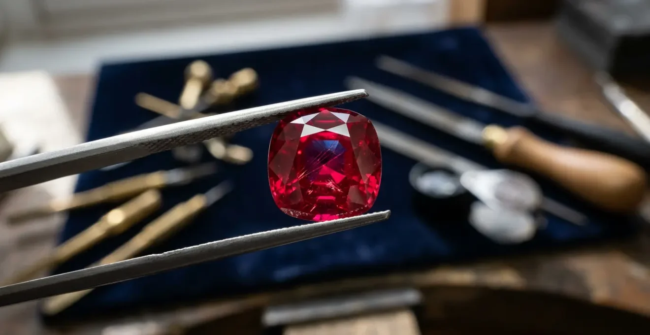 Rubis birman sang de pigeon examiné à la loupe de joaillier dans un atelier parisien