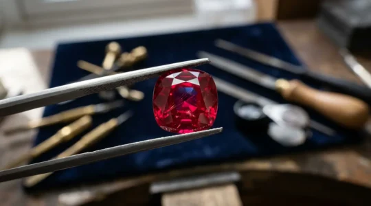 Rubis birman sang de pigeon examiné à la loupe de joaillier dans un atelier parisien