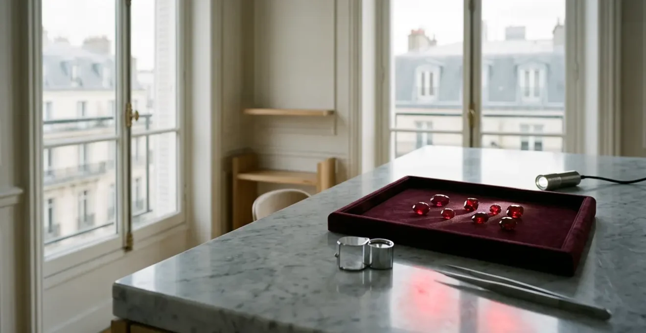 Expert observant un rubis sous différentes conditions lumineuses avec des instruments de gemmologie