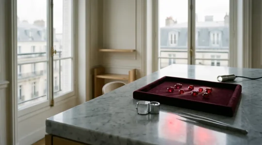 Expert observant un rubis sous différentes conditions lumineuses avec des instruments de gemmologie