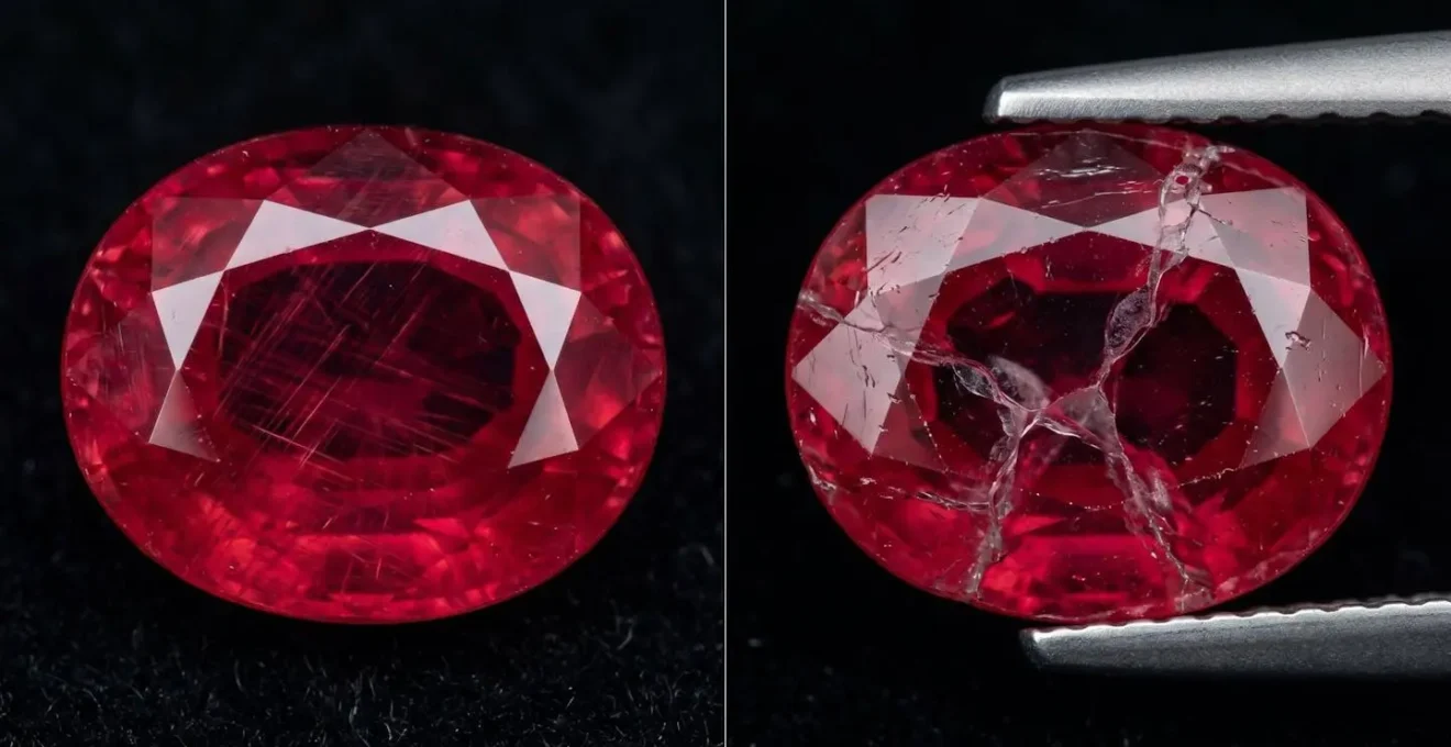 Comparaison visuelle entre un rubis naturel et un rubis traité au verre