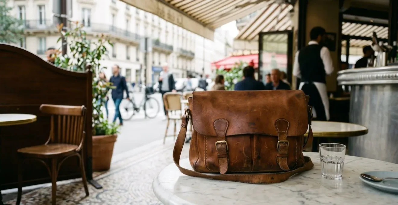 Sac en cuir patiné artisanal français posé sur une table en marbre dans un café parisien