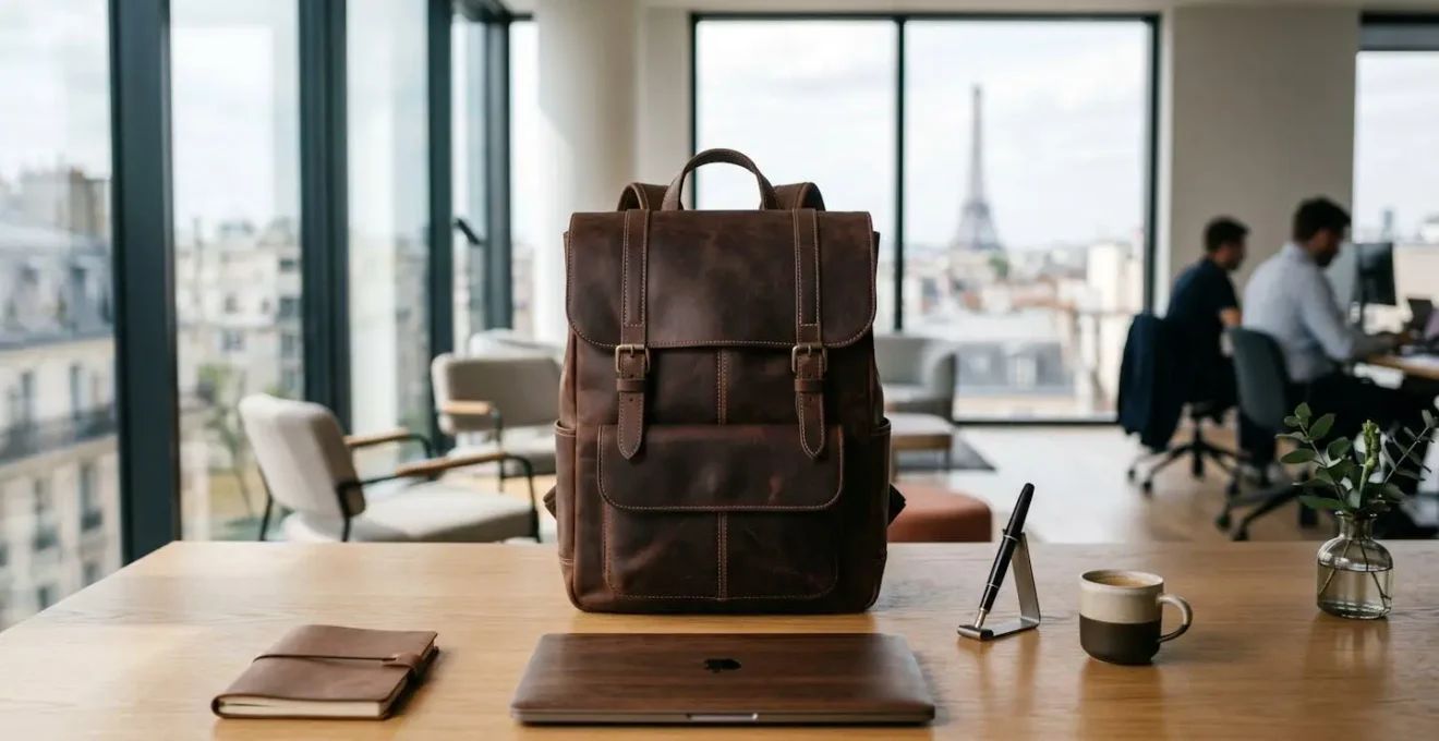 Sac à dos en cuir de luxe posé sur un bureau moderne avec vue sur Paris
