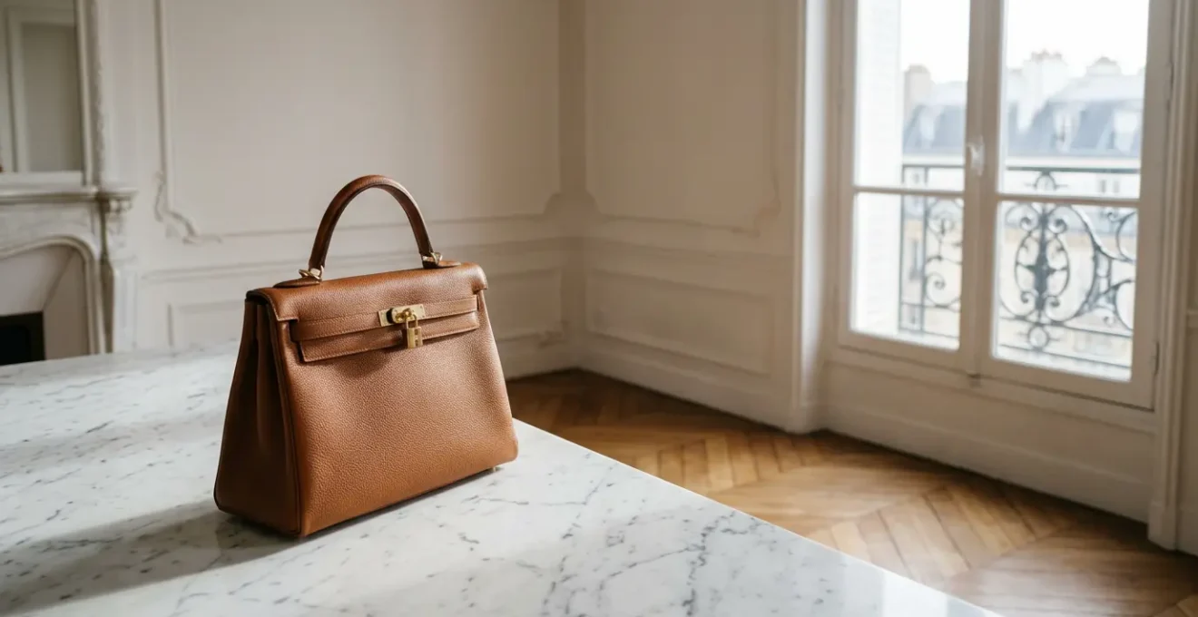 Sac de luxe en cuir grainé posé sur une surface de marbre dans un intérieur parisien élégant
