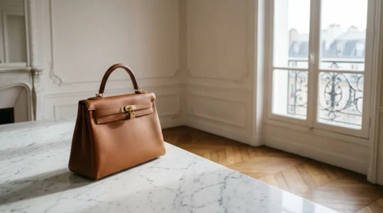 Sac de luxe en cuir grainé posé sur une surface de marbre dans un intérieur parisien élégant