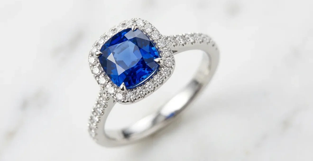 Gros plan sur une bague de fiançailles avec saphir bleu royal entouré de diamants sur fond épuré