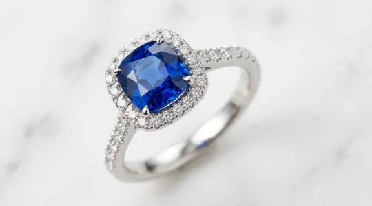 Gros plan sur une bague de fiançailles avec saphir bleu royal entouré de diamants sur fond épuré