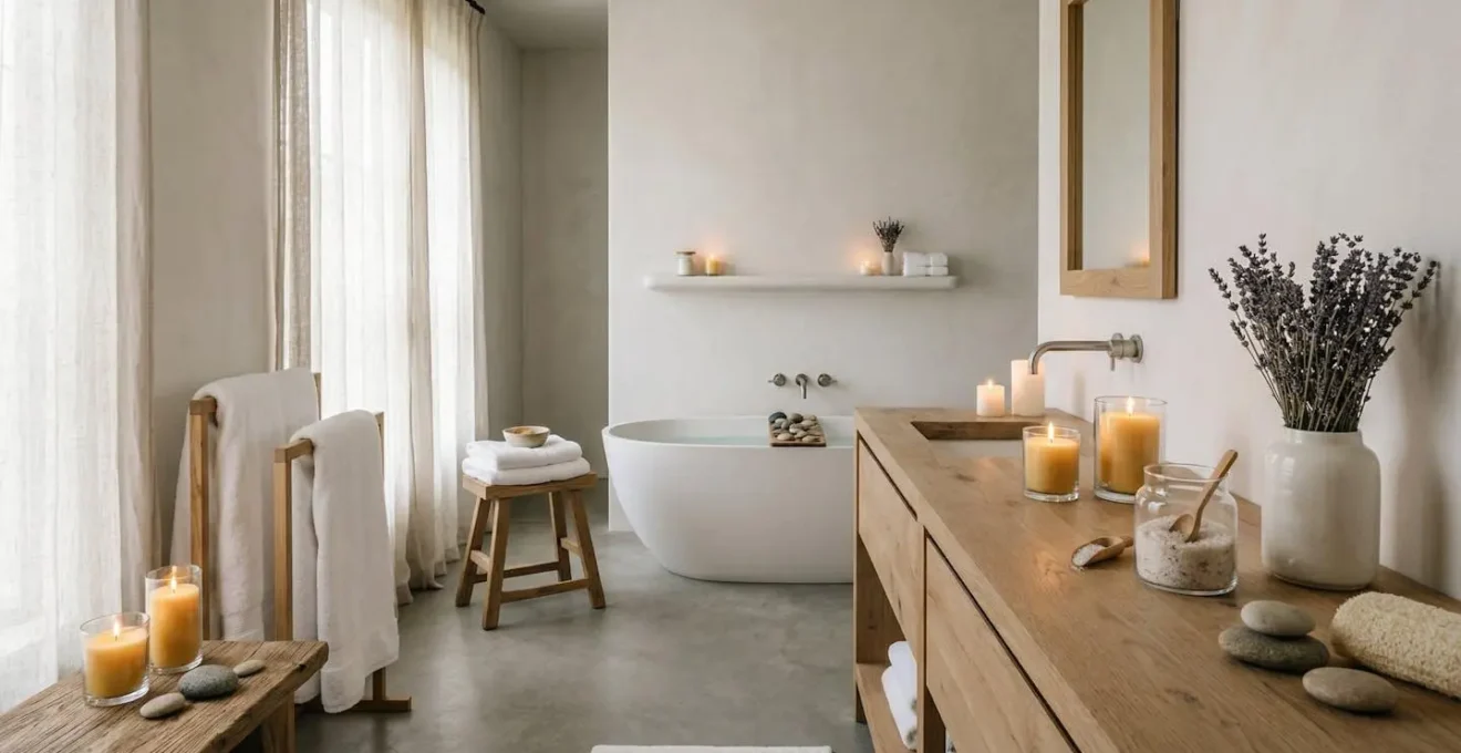 Ambiance spa luxueuse dans une salle de bain baignée de lumière dorée avec des éléments de bien-être français