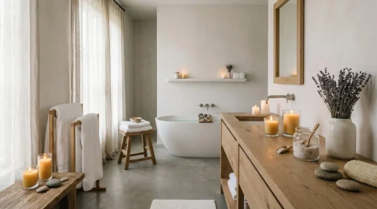 Ambiance spa luxueuse dans une salle de bain baignée de lumière dorée avec des éléments de bien-être français