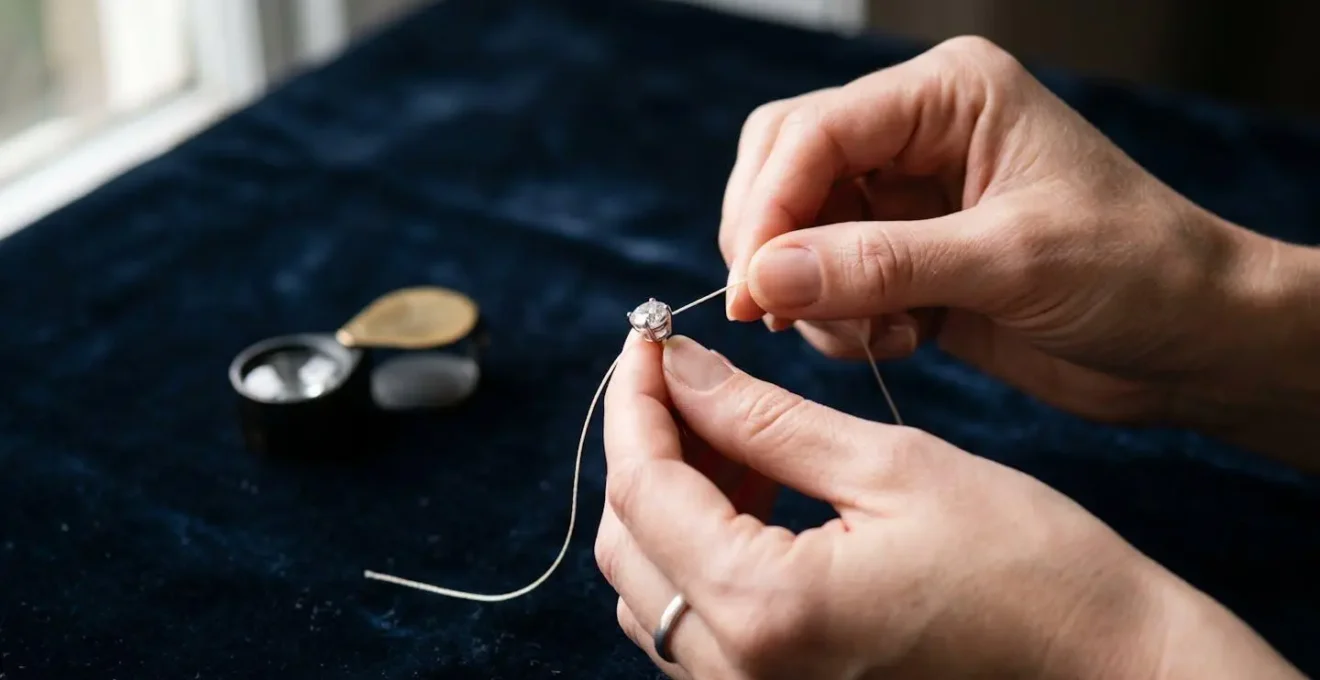 Mains expertes vérifiant les griffes d'une boucle d'oreille diamant avec un fil