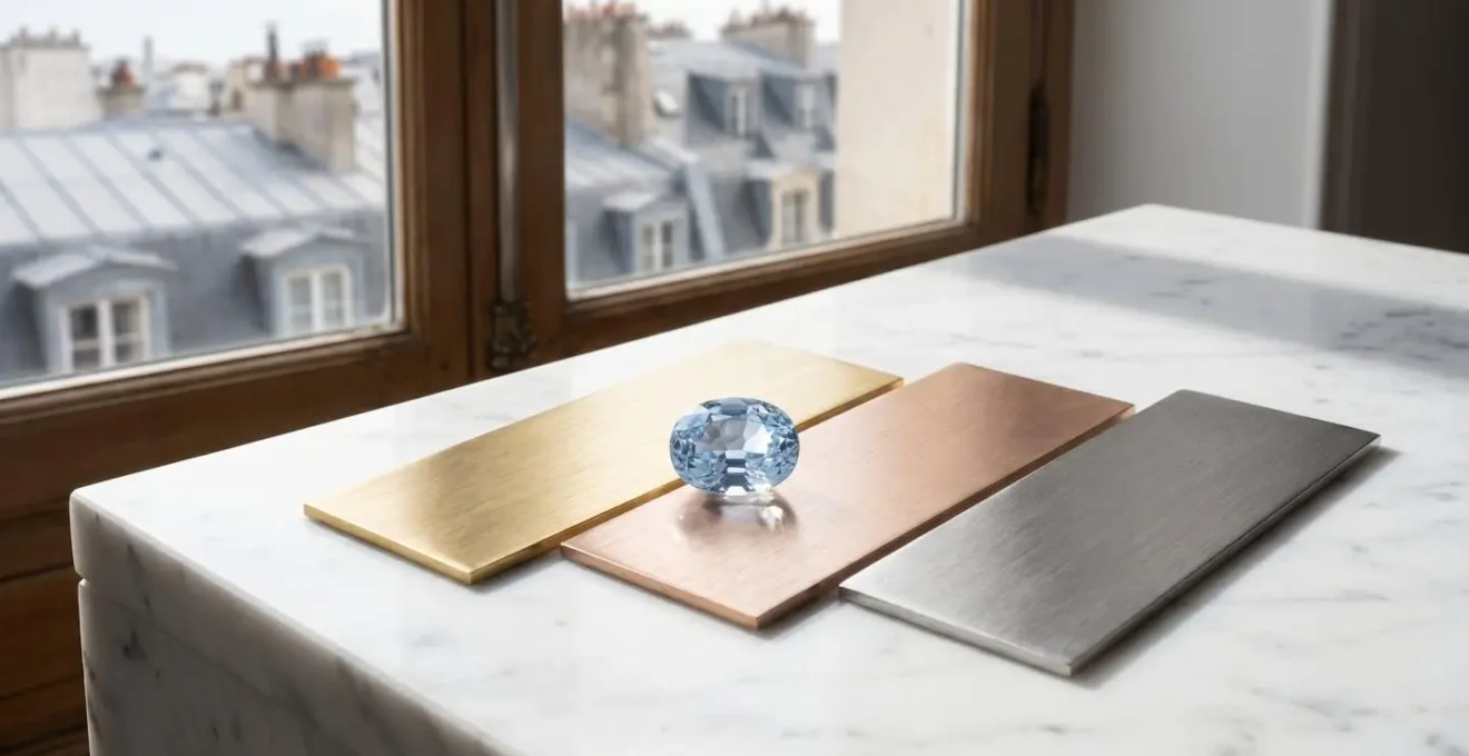 Saphir bleu clair posé successivement sur plaquettes d'or jaune, or rose et platine sous lumière naturelle