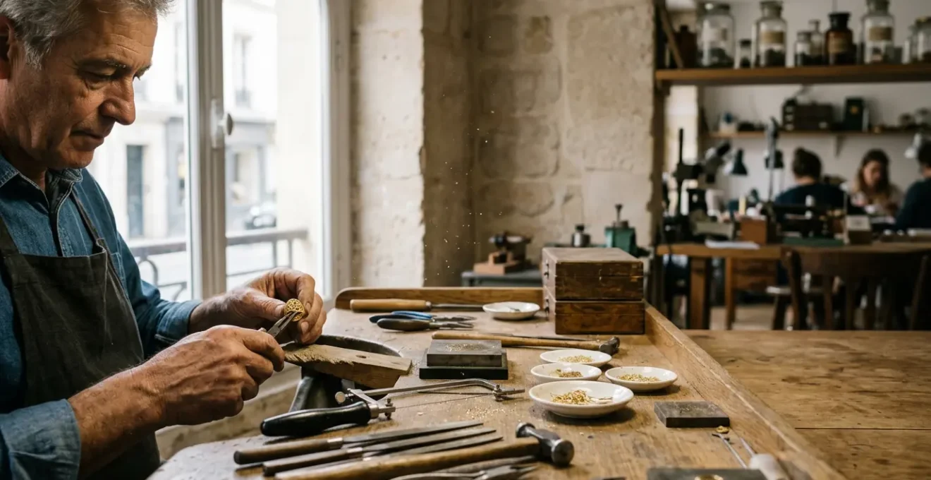 Atelier de joaillerie parisien avec artisan au travail sur un bijou précieux