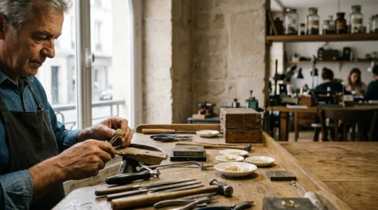 Atelier de joaillerie parisien avec artisan au travail sur un bijou précieux