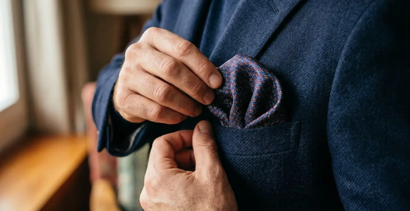 Gros plan sur une main ajustant une pochette de soie dans une poche de veste