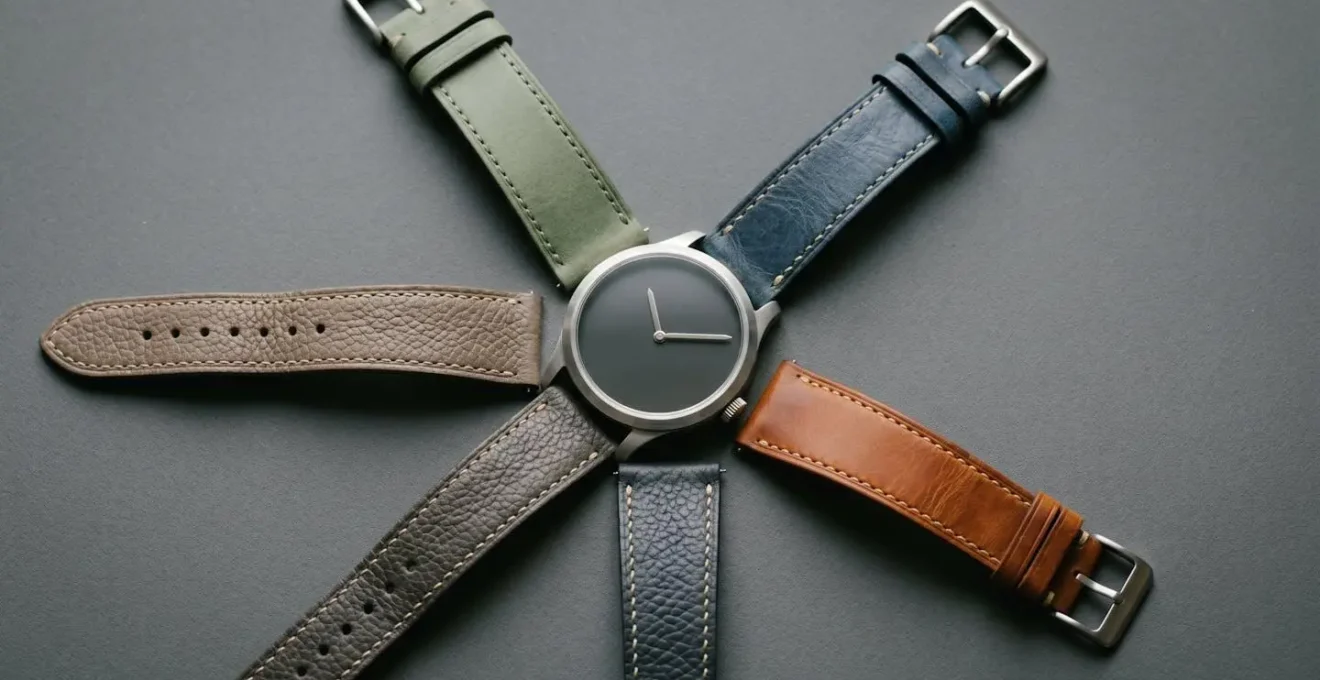 Collection de bracelets en cuir dans des tons naturels disposés autour d'un cadran de montre minimaliste