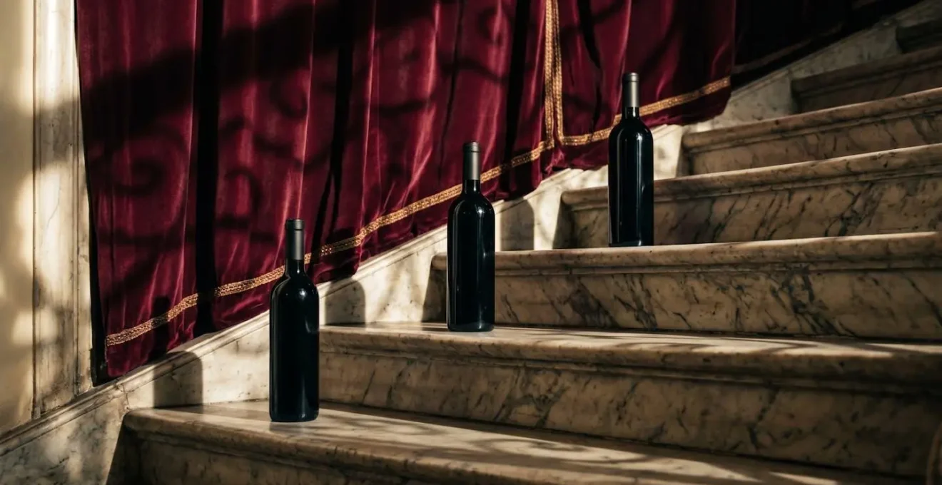 Trois bouteilles de grand cru alignées montrant l'évolution des millésimes dans un écrin de présentation