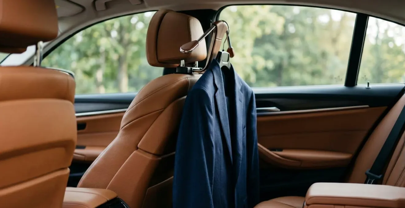 Intérieur de voiture luxueuse avec une veste de costume suspendue sur un cintre fixé à l'appui-tête