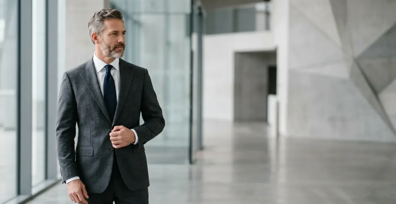 Portrait élégant d'un homme portant une veste parfaitement structurée mettant en valeur sa posture et son charisme