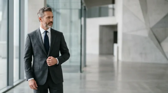 Portrait élégant d'un homme portant une veste parfaitement structurée mettant en valeur sa posture et son charisme