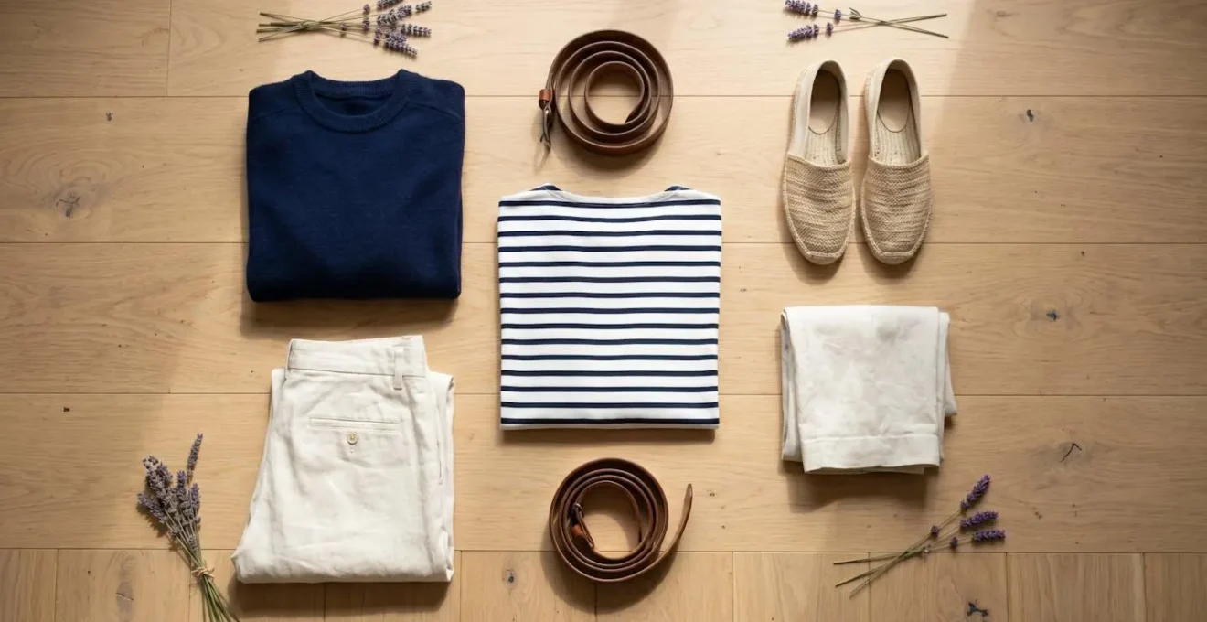 Arrangement visuel de vêtements basiques français incluant marinière, pantalon en lin et pull en laine disposés harmonieusement