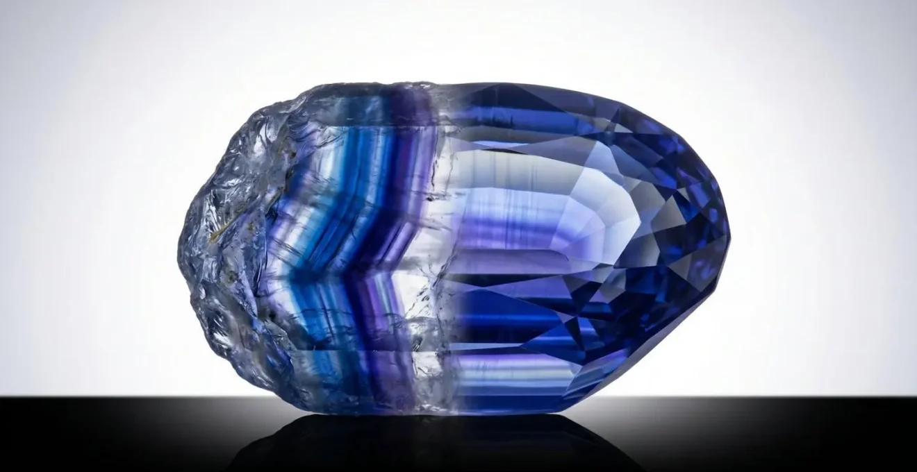 Coupe transversale d'un saphir montrant le zonage de couleur et l'orientation optimale de la taille